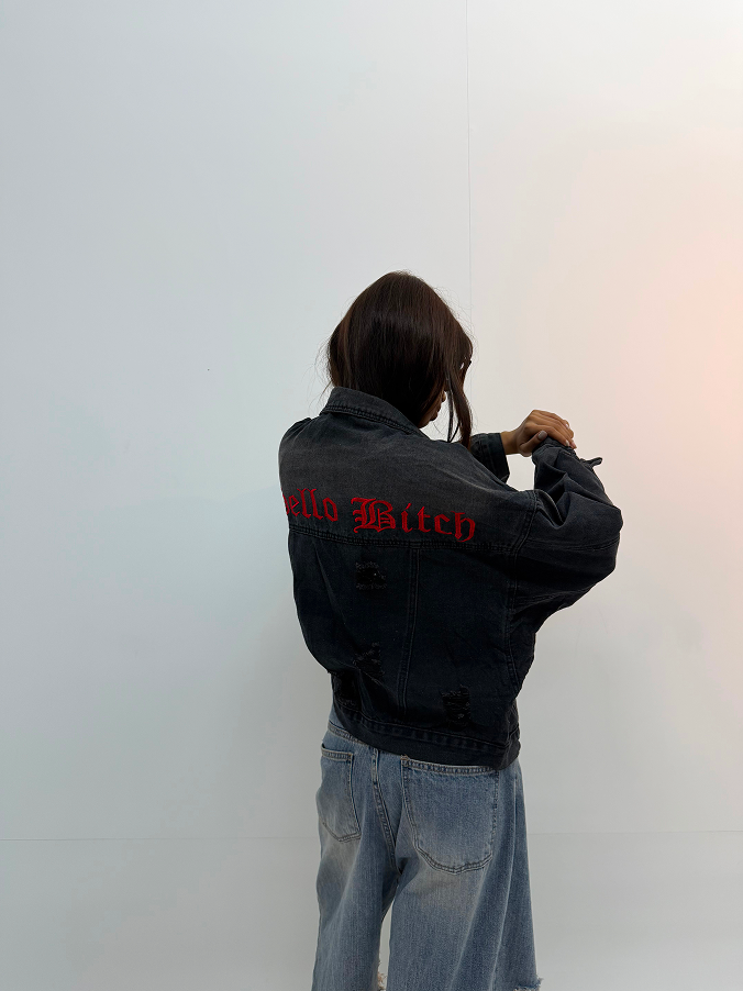Vintage Black Distressed Backprint Unisex Denim Jacket