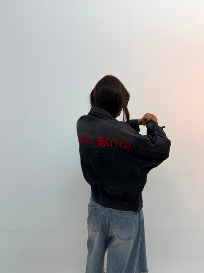 Vintage Black Distressed Backprint Unisex Denim Jacket