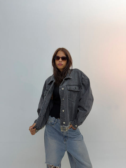 Vintage Charcoal Grey Oversized Unisex Denim Jacket