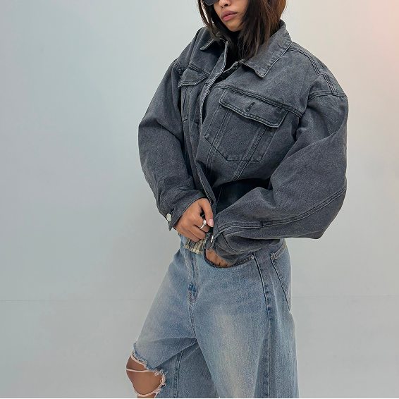 Vintage Charcoal Grey Oversized Unisex Denim Jacket