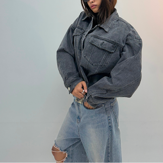 Vintage Charcoal Grey Oversized Unisex Denim Jacket