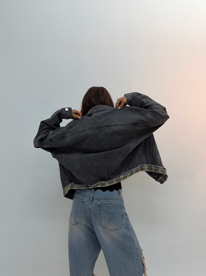 Vintage Charcoal Grey Oversized Unisex Denim Jacket