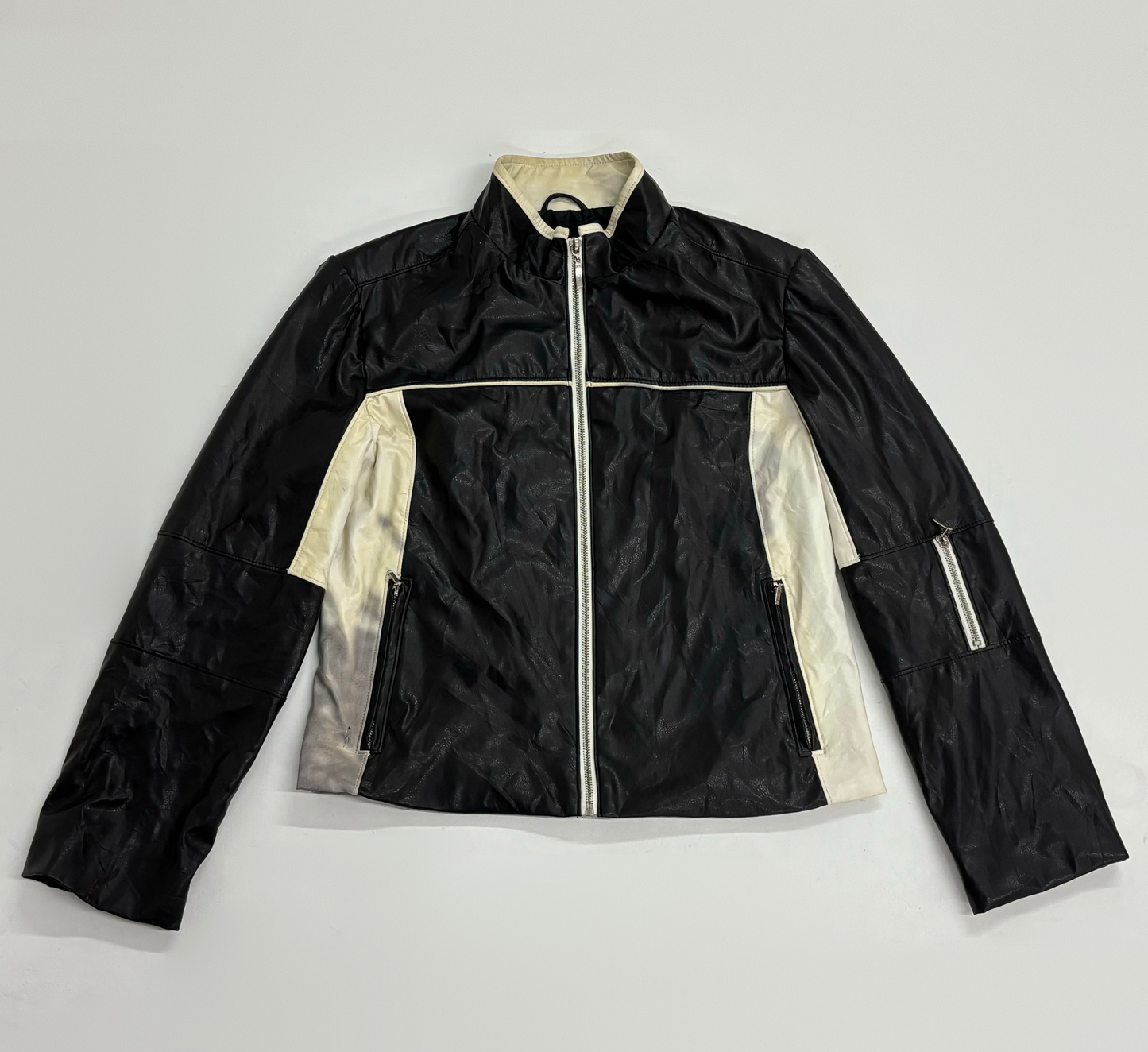 Vintage Unisex Black & Cream Leather Moto Jacket