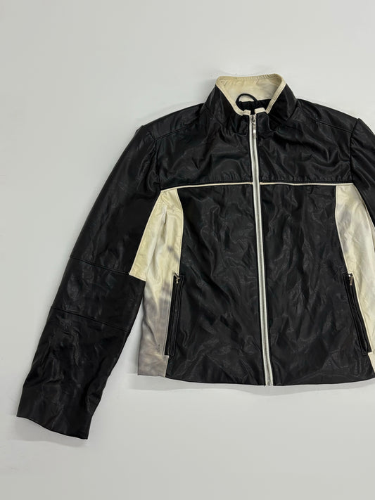 Vintage Unisex Black & Cream Leather Moto Jacket