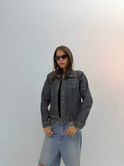 Vintage Dark Wash Fitted Denim Jacket