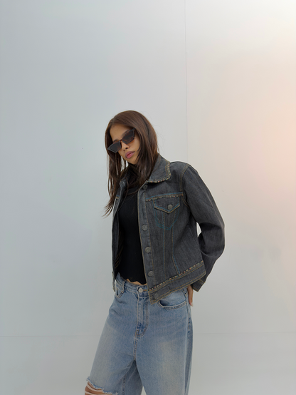 Vintage Dark Wash Fitted Denim Jacket