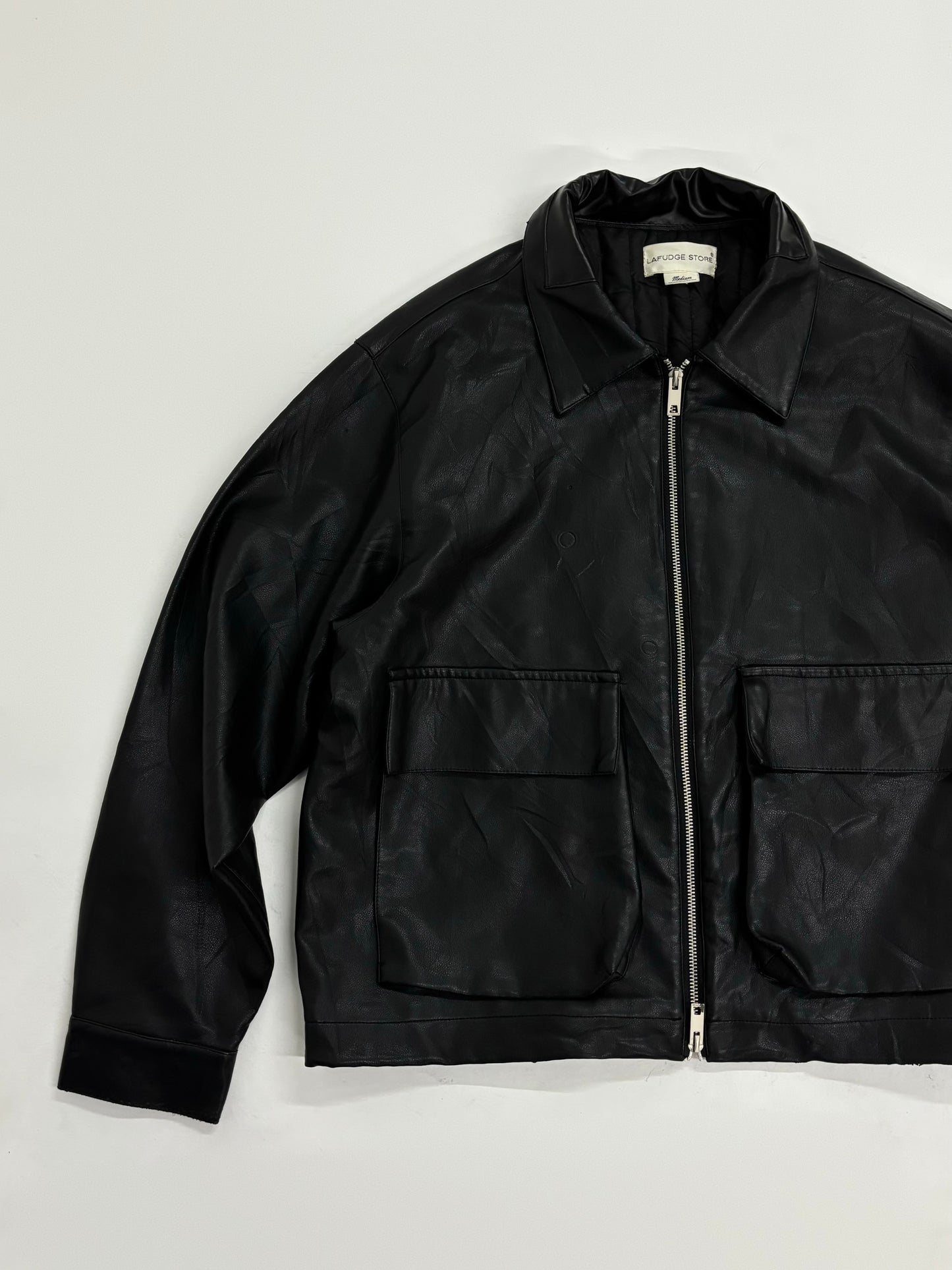 Oversized Unisex Black Leather Utility Jacket