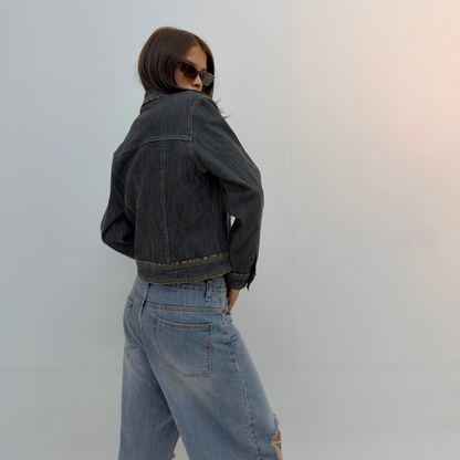 Vintage Dark Wash Fitted Denim Jacket