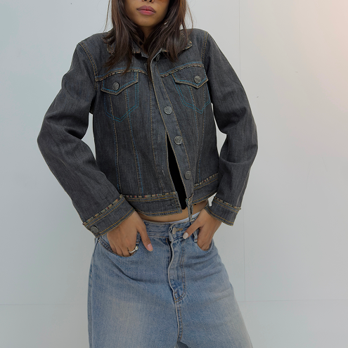 Vintage Dark Wash Fitted Denim Jacket