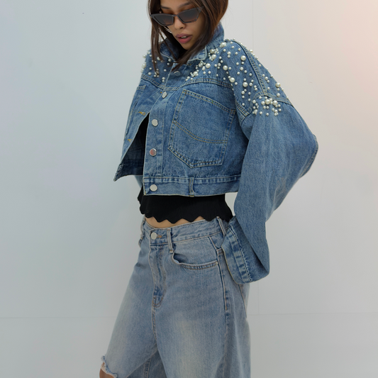 Vintage Pearl Embellished Cropped Denim Jackets