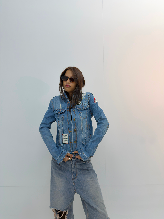 Vintage Studded Distressed Denim Jacket
