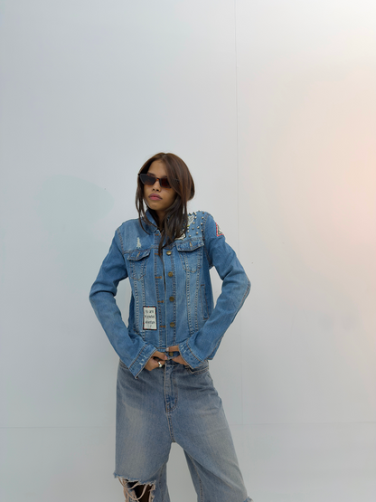 Vintage Studded Distressed Denim Jacket