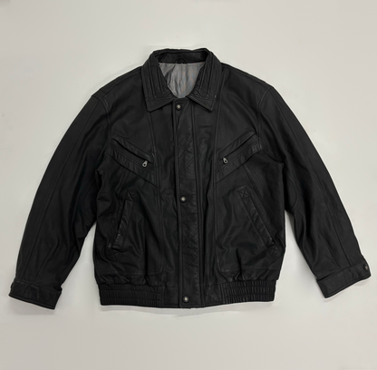 Vintage Unisex Black Leather Bomber Jacket
