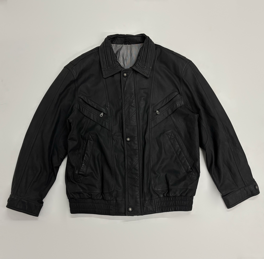 Vintage Unisex Black Leather Bomber Jacket