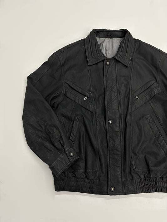 Vintage Unisex Black Leather Bomber Jacket