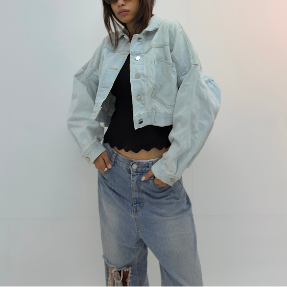 Vintage Cropped Oversized Light Wash Denim Jacket