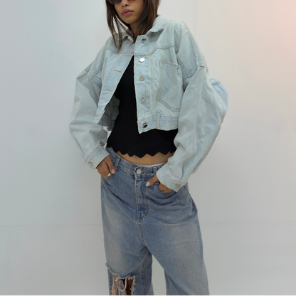 Vintage Cropped Oversized Light Wash Denim Jacket