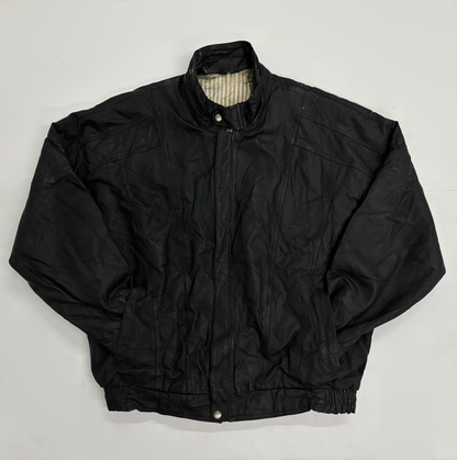 Vintage Unisex Black Leather Stand Collar Jacket