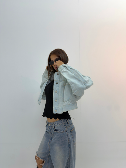 Vintage Cropped Oversized Light Wash Denim Jacket