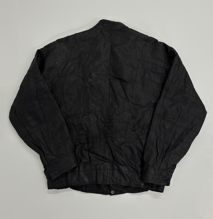 Vintage Unisex Black Leather Stand Collar Jacket