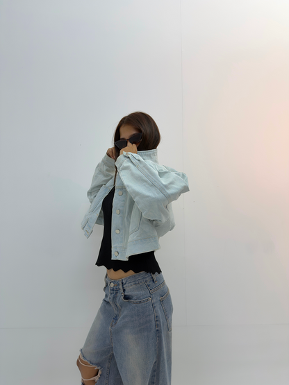 Vintage Cropped Oversized Light Wash Denim Jacket