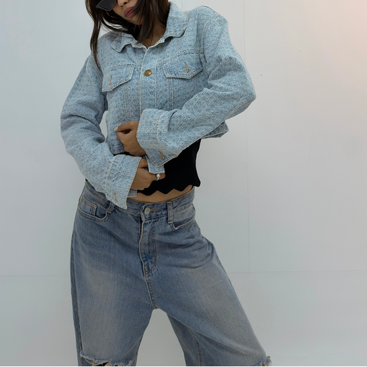 Vintage Cropped Light Wash Denim Jacket