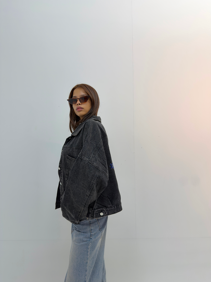 Vintage Oversized Rhinestone Graphic Denim Jacket