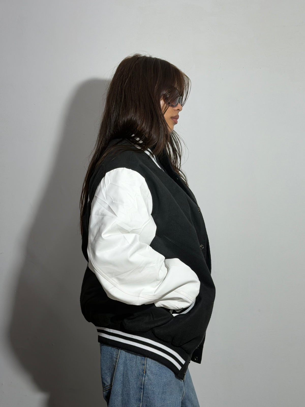 Unisex Charcoal & White Relaxed Fit ‘J’ Patch Varsity Jacket