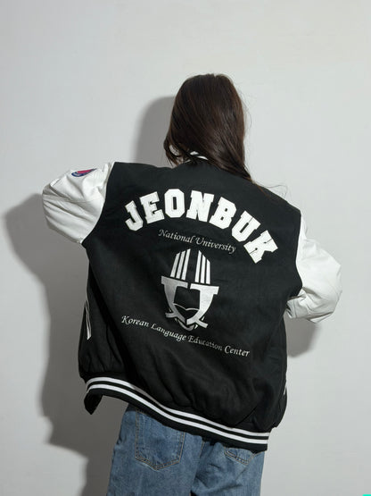 Unisex Black & Cream Relaxed Fit Embroidered Varsity Jacket