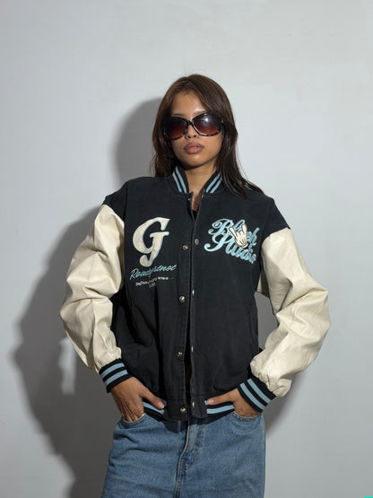 Unisex Black & Cream Relaxed Fit Embroidered Varsity Jacket