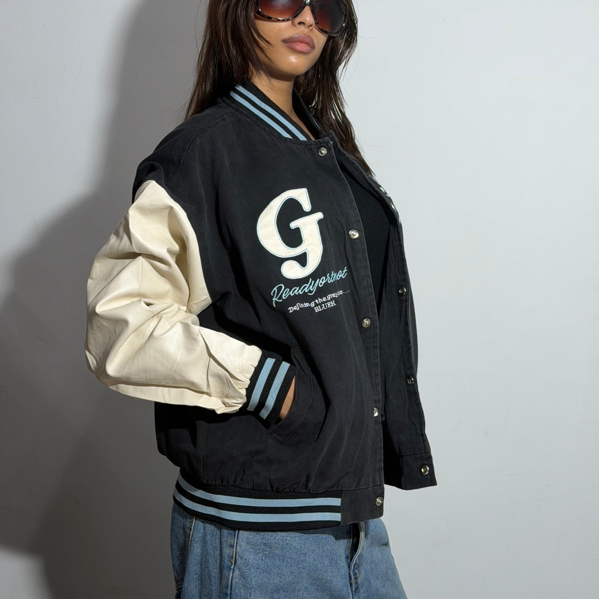Unisex Black & Cream Relaxed Fit Embroidered Varsity Jacket