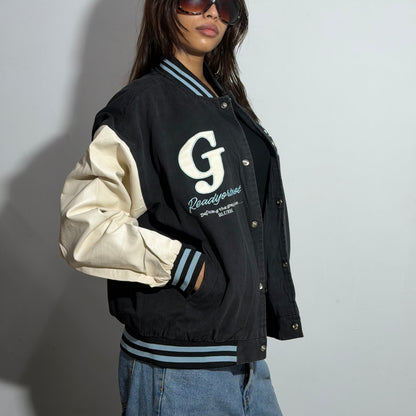 Unisex Black & Cream Relaxed Fit Embroidered Varsity Jacket