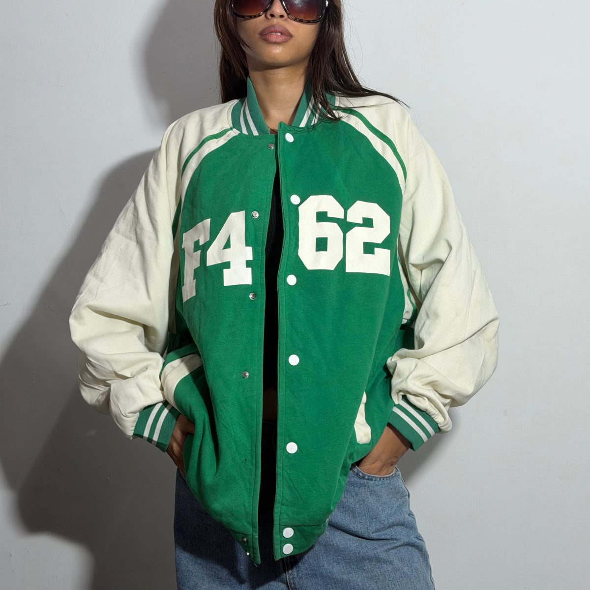 Unisex Green & Beige Oversized ‘F4 62’ Varsity Jacket