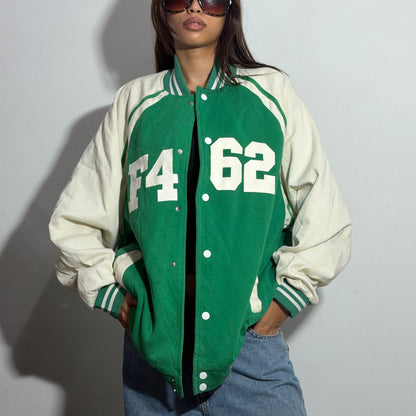 Unisex Green & Beige Oversized ‘F4 62’ Varsity Jacket