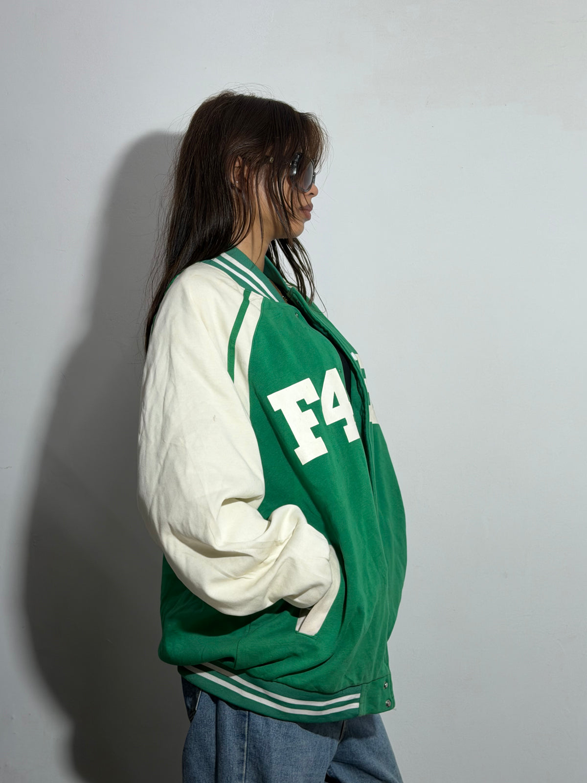 Unisex Green & Beige Oversized ‘F4 62’ Varsity Jacket