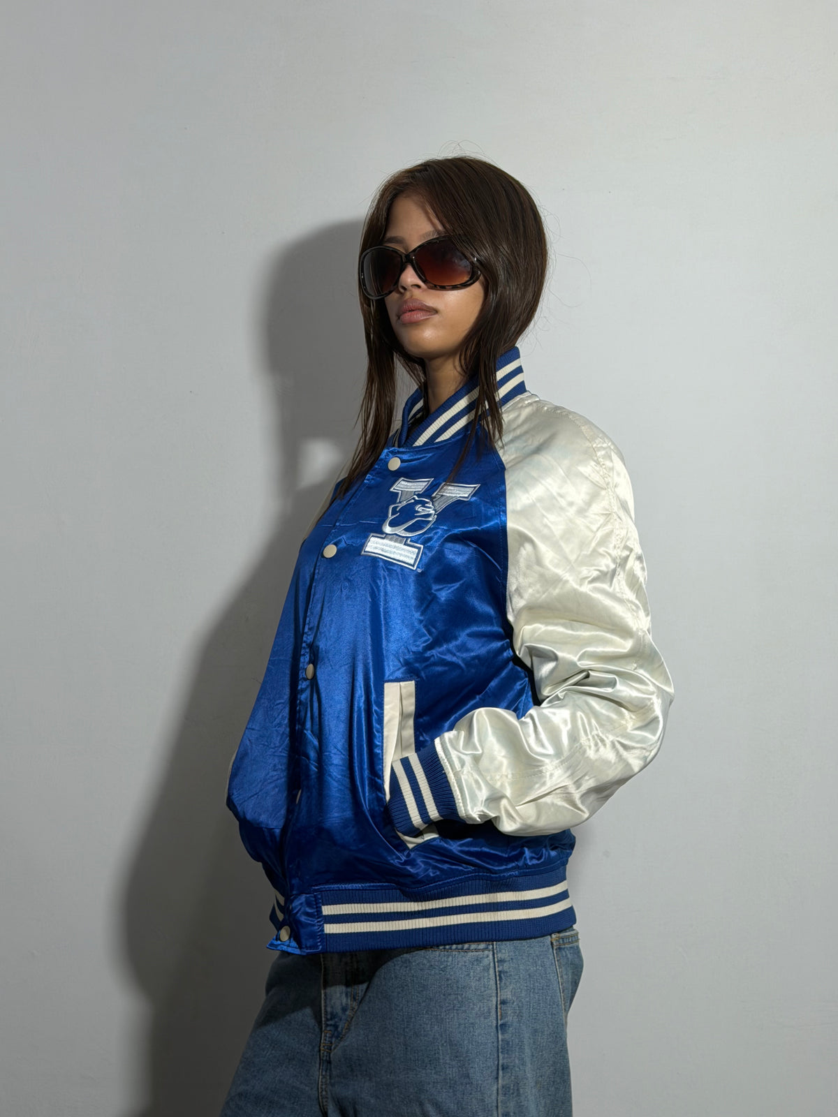 Unisex Royal Blue & Silver Relaxed Fit Satin Varsity Jacket