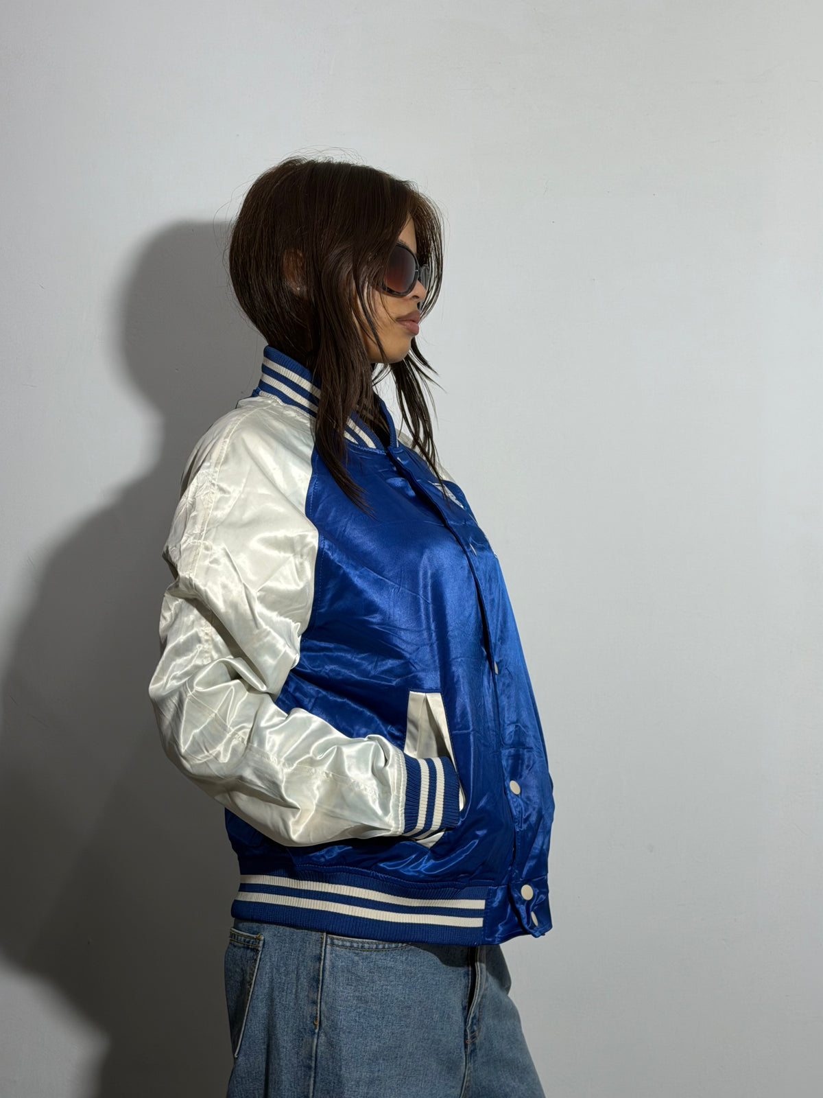 Unisex Royal Blue & Silver Relaxed Fit Satin Varsity Jacket