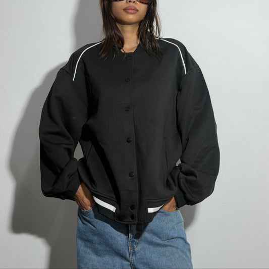 Unisex Black Oversized Contrast Piping Bomber Jacket