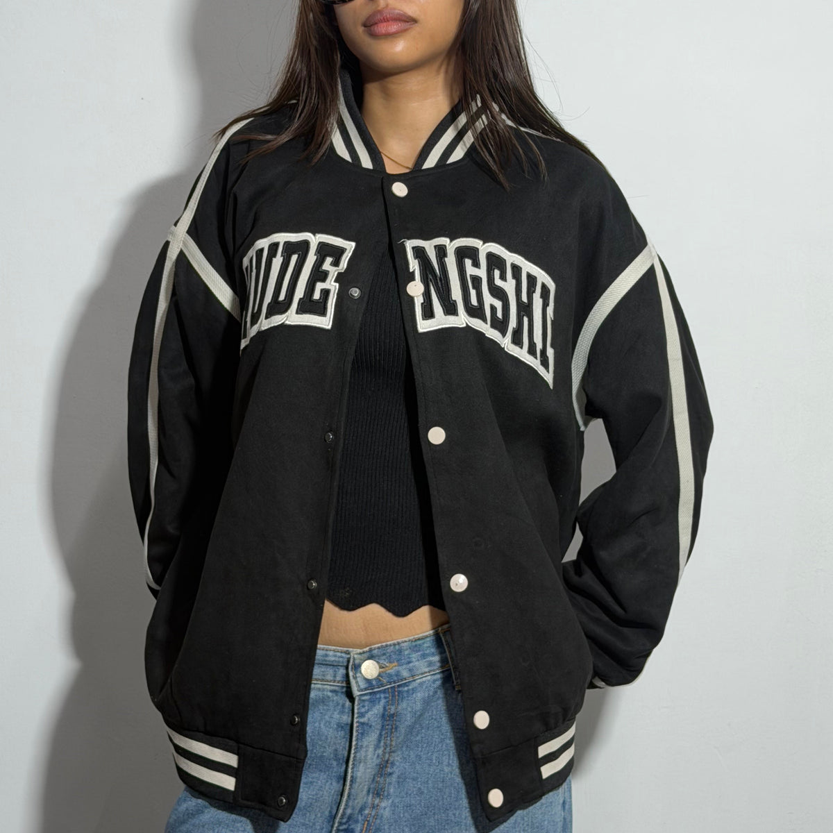 Unisex Black & Beige Oversized Lettering Varsity Jacket