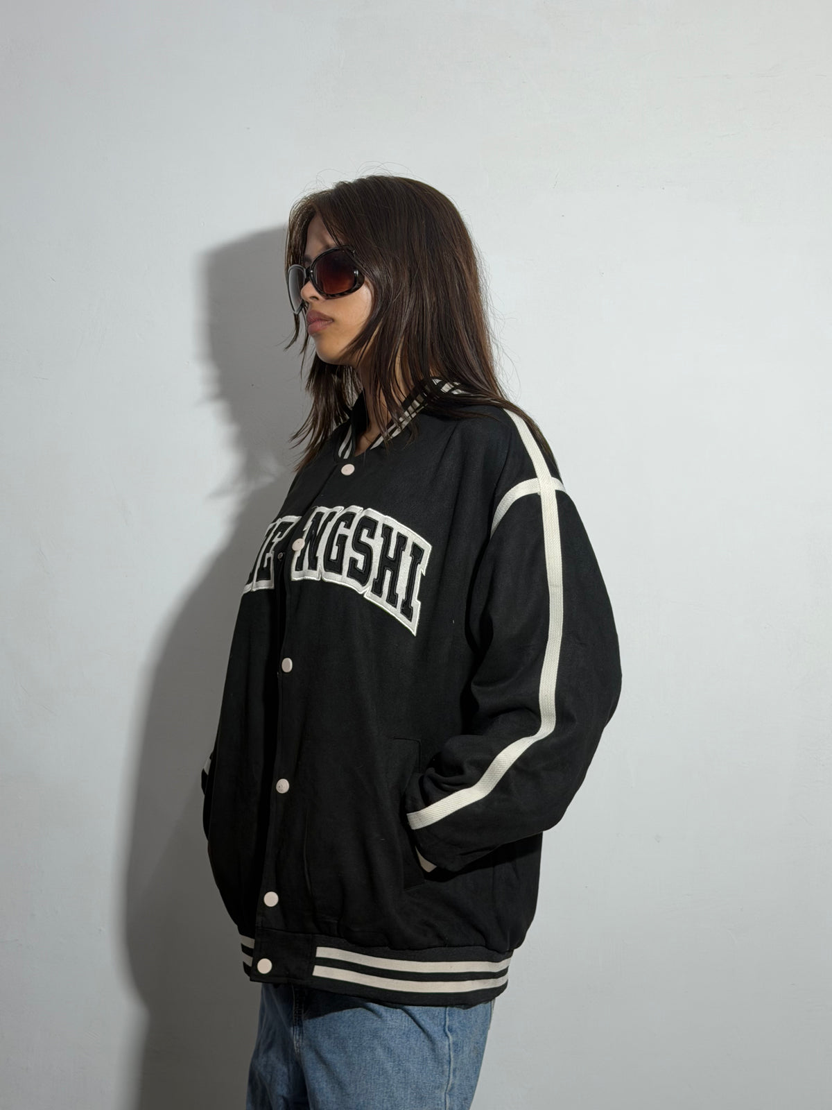 Unisex Black & Beige Oversized Lettering Varsity Jacket