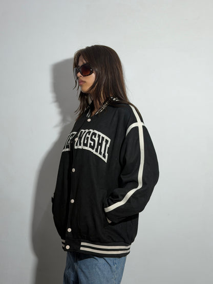 Unisex Black & Beige Oversized Lettering Varsity Jacket