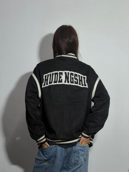 Unisex Black & Beige Oversized Lettering Varsity Jacket