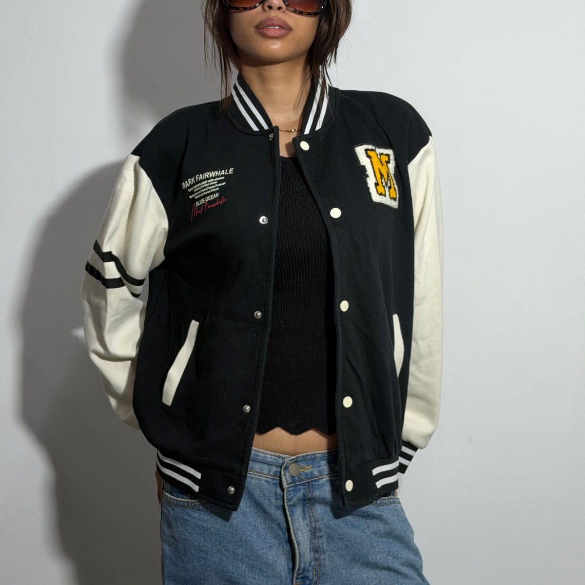 Unisex Black & Beige Relaxed Fit Patch Varsity Jacket
