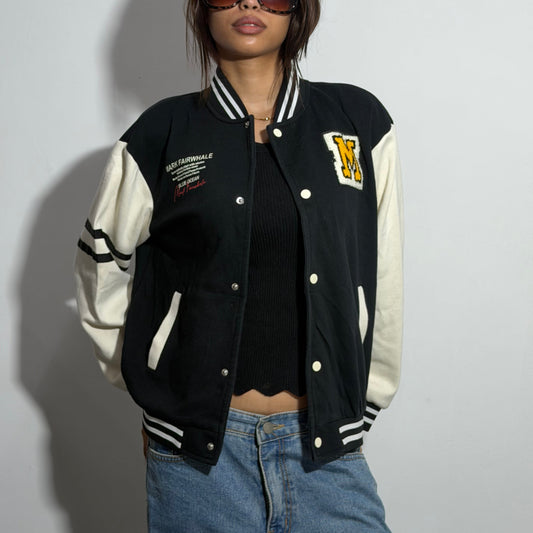Unisex Black & Beige Relaxed Fit Patch Varsity Jacket