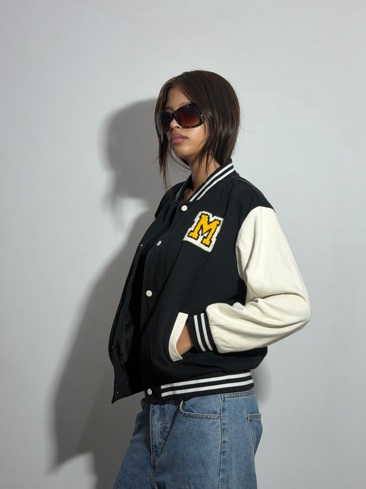 Unisex Black & Beige Relaxed Fit Patch Varsity Jacket