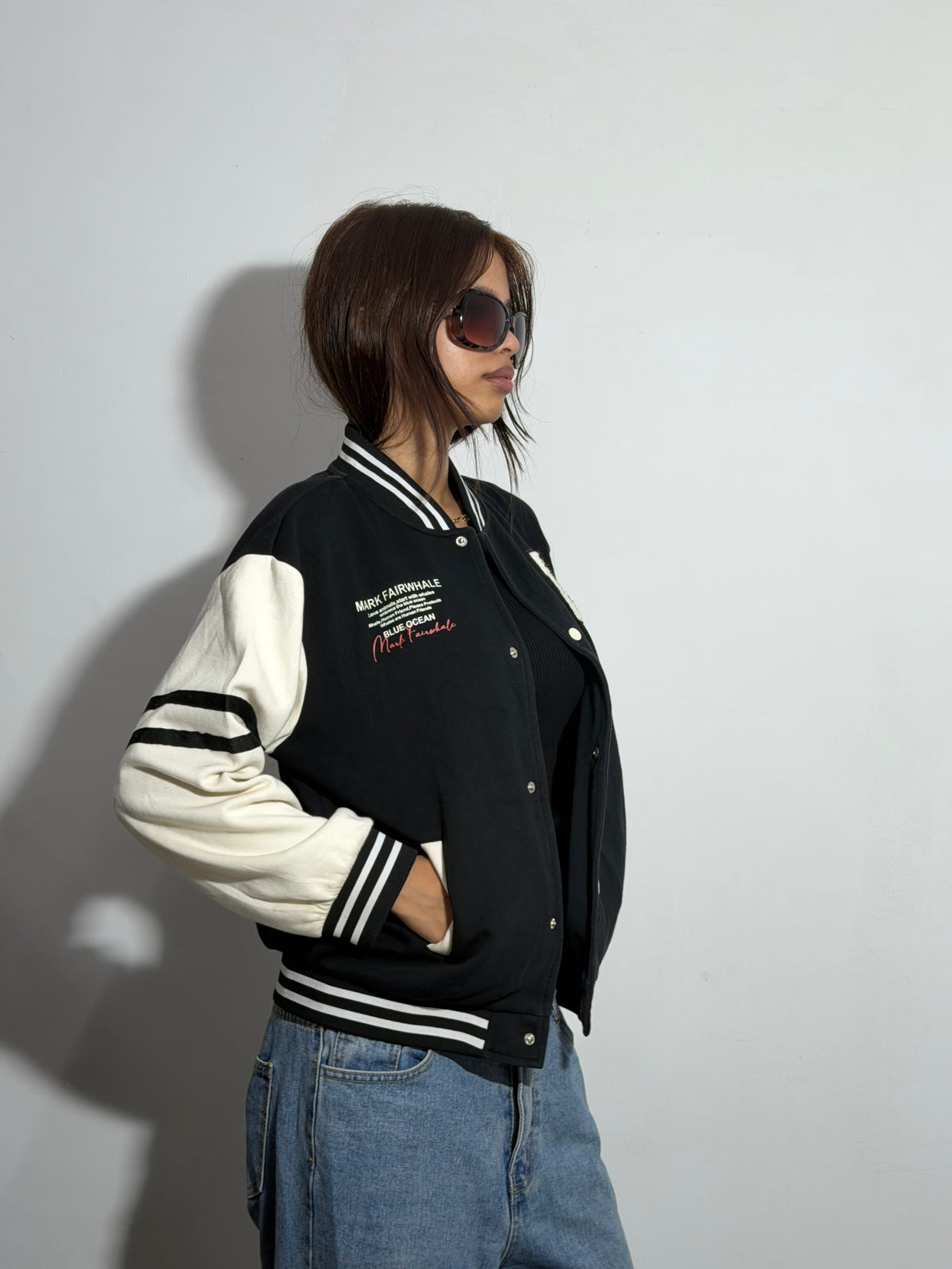 Unisex Black & Beige Relaxed Fit Patch Varsity Jacket