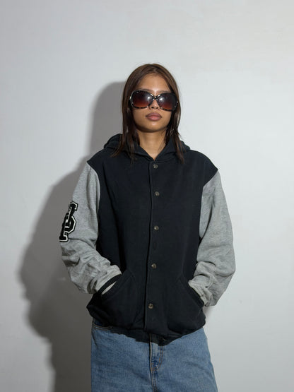 Unisex Black & Heather Gray Relaxed Fit Hooded Varsity Jacket