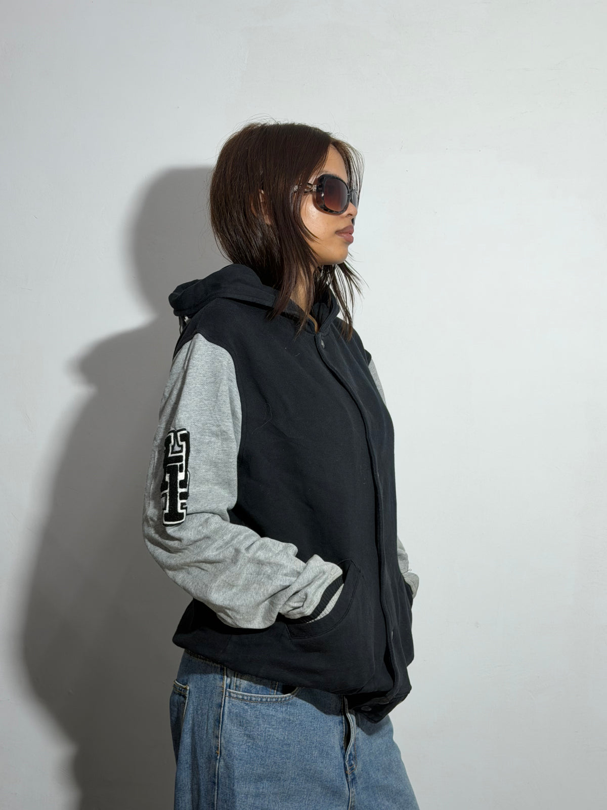 Unisex Black & Heather Gray Relaxed Fit Hooded Varsity Jacket