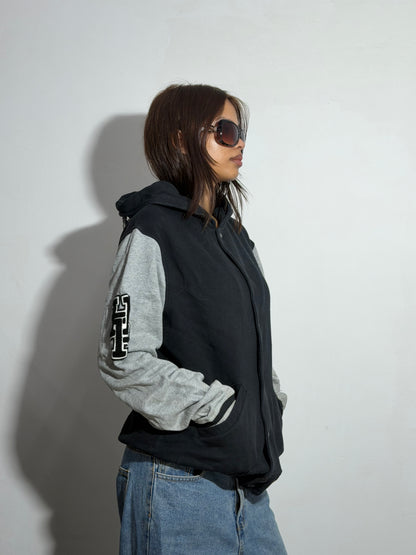 Unisex Black & Heather Gray Relaxed Fit Hooded Varsity Jacket