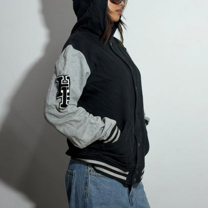 Unisex Black & Heather Gray Relaxed Fit Hooded Varsity Jacket